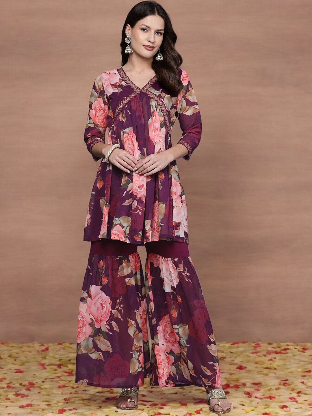 

Ahalyaa Women Floral Printed Tunic with Sharara, Burgundy