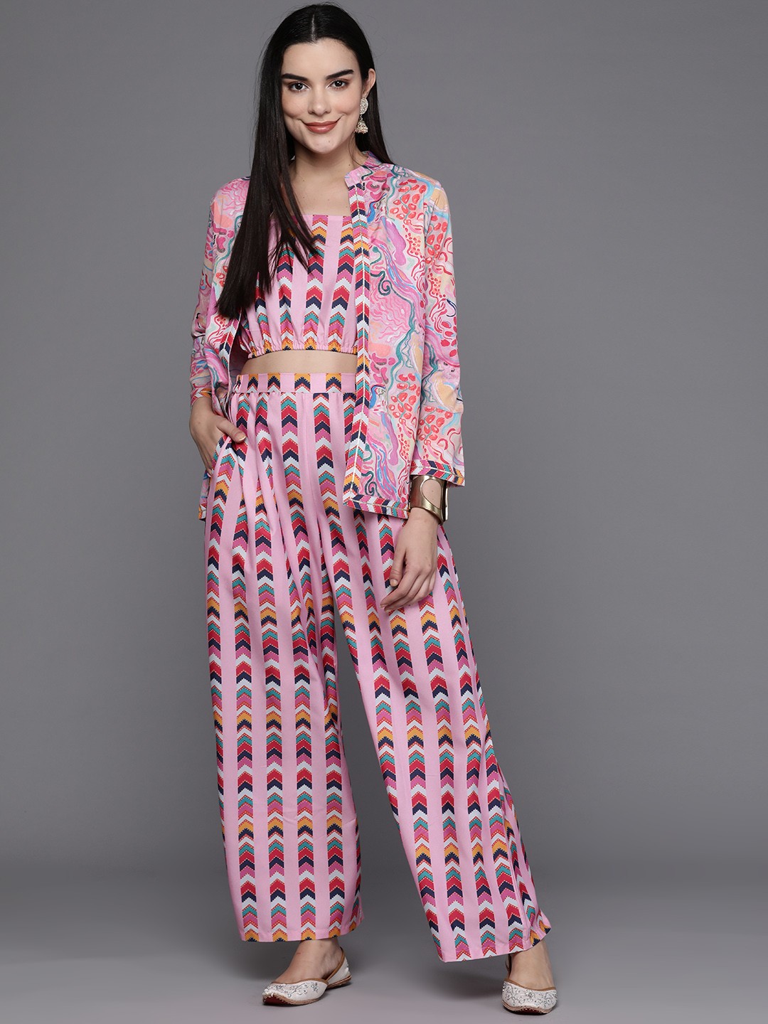 

Ahalyaa Women Printed Crop Top with Palazzos & Jacket, Pink