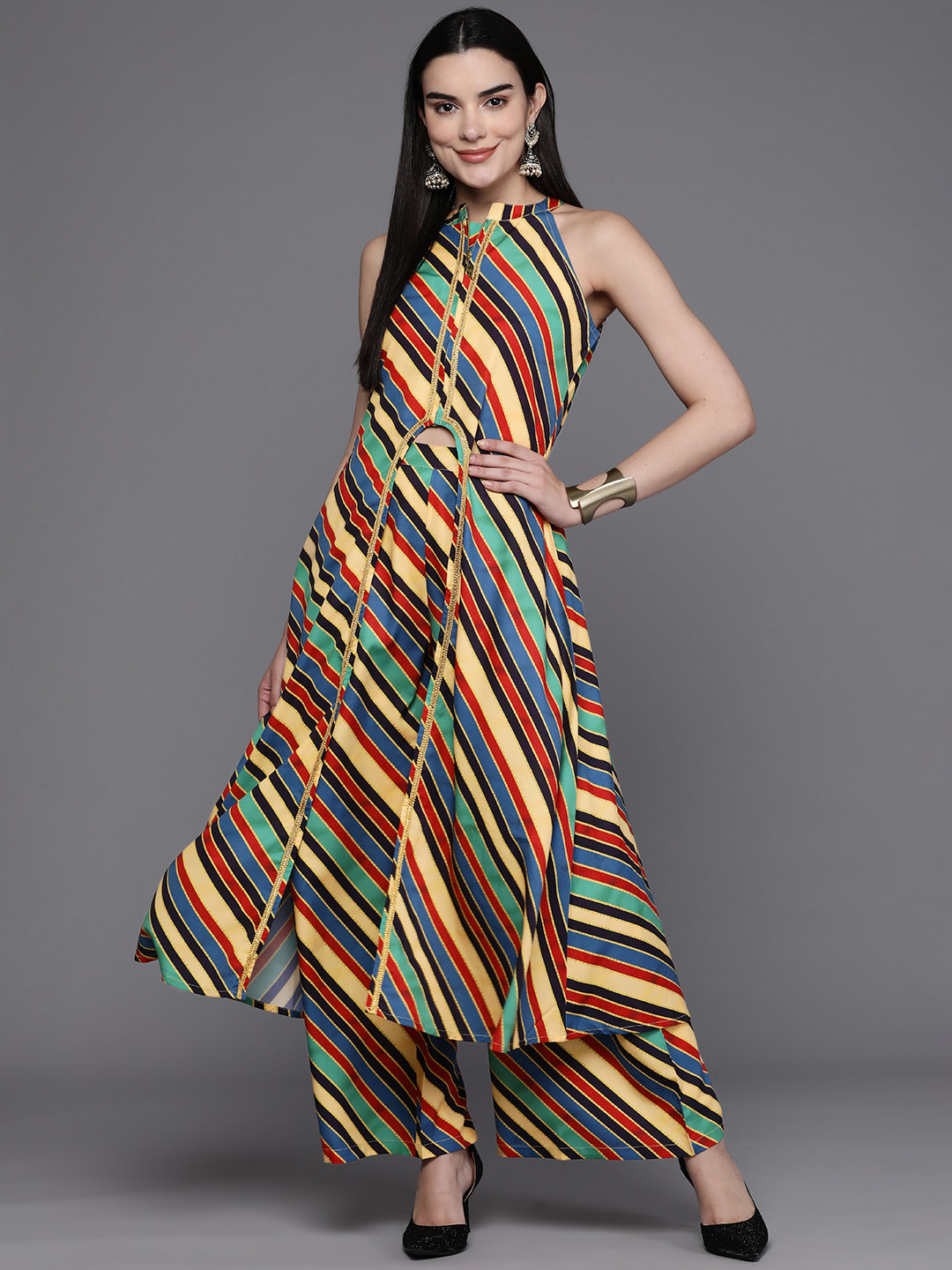 

Ahalyaa Women Striped High Slit Kurta with Palazzos, Multi