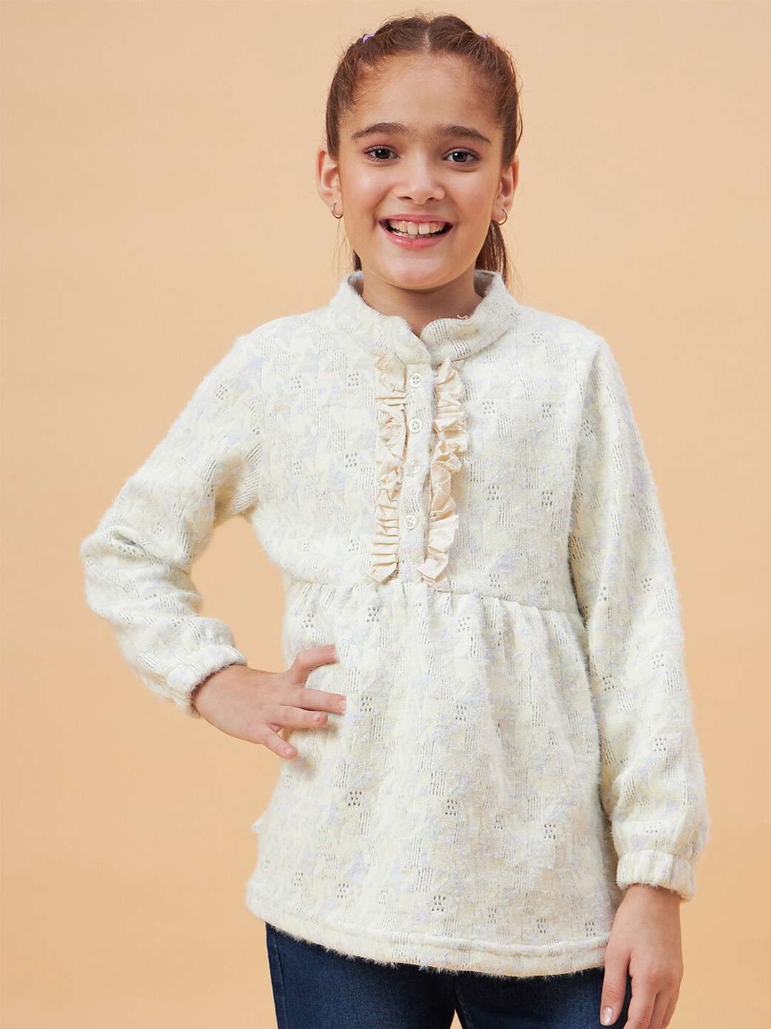

Ben & Joe Girls Mandarin Collar Self Design Ruffles Detailed Cotton A-Line Top, White