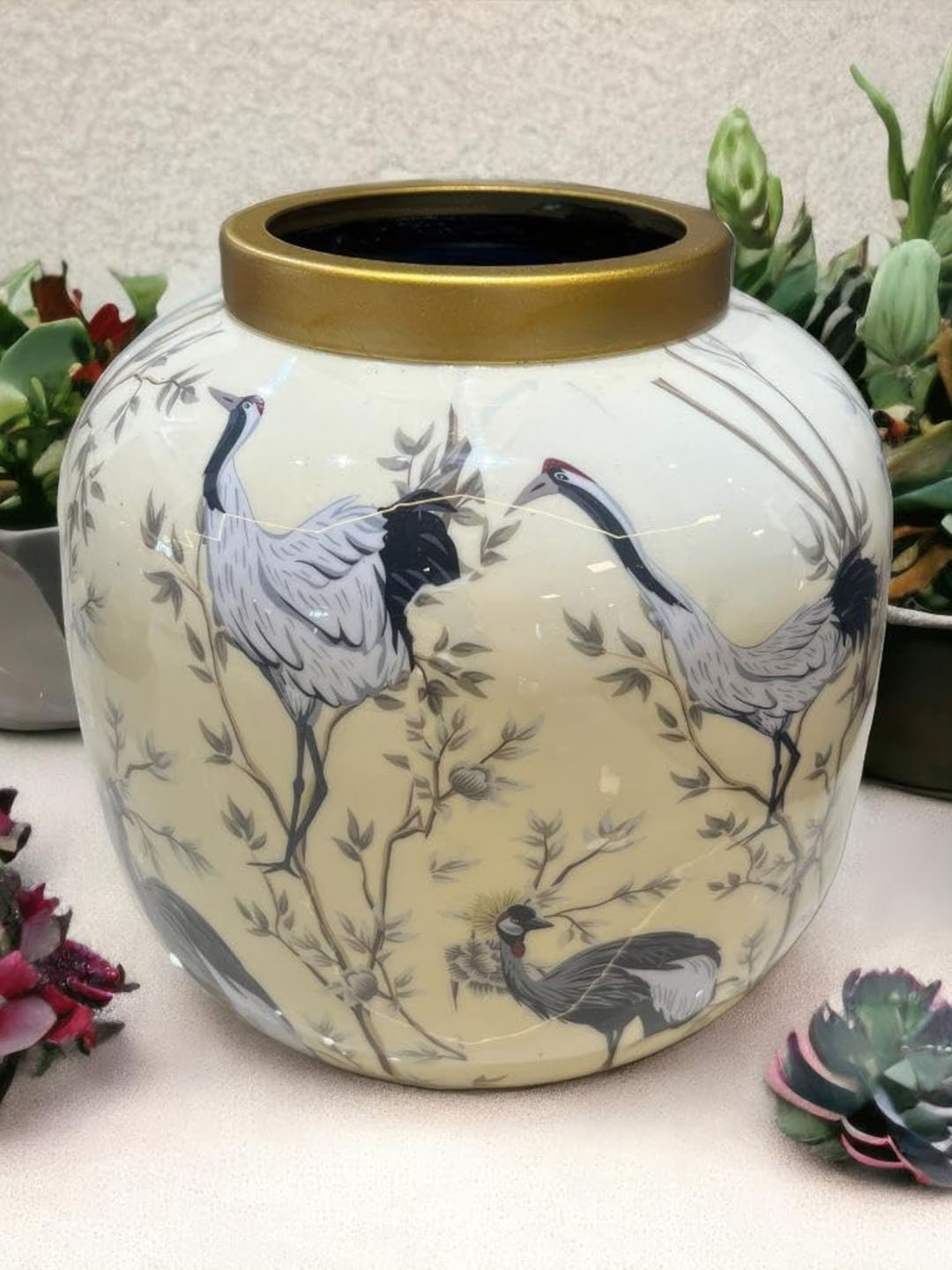 

The Artage Serene Cream & Grey Birds Printed Cylindrical Metal Vase