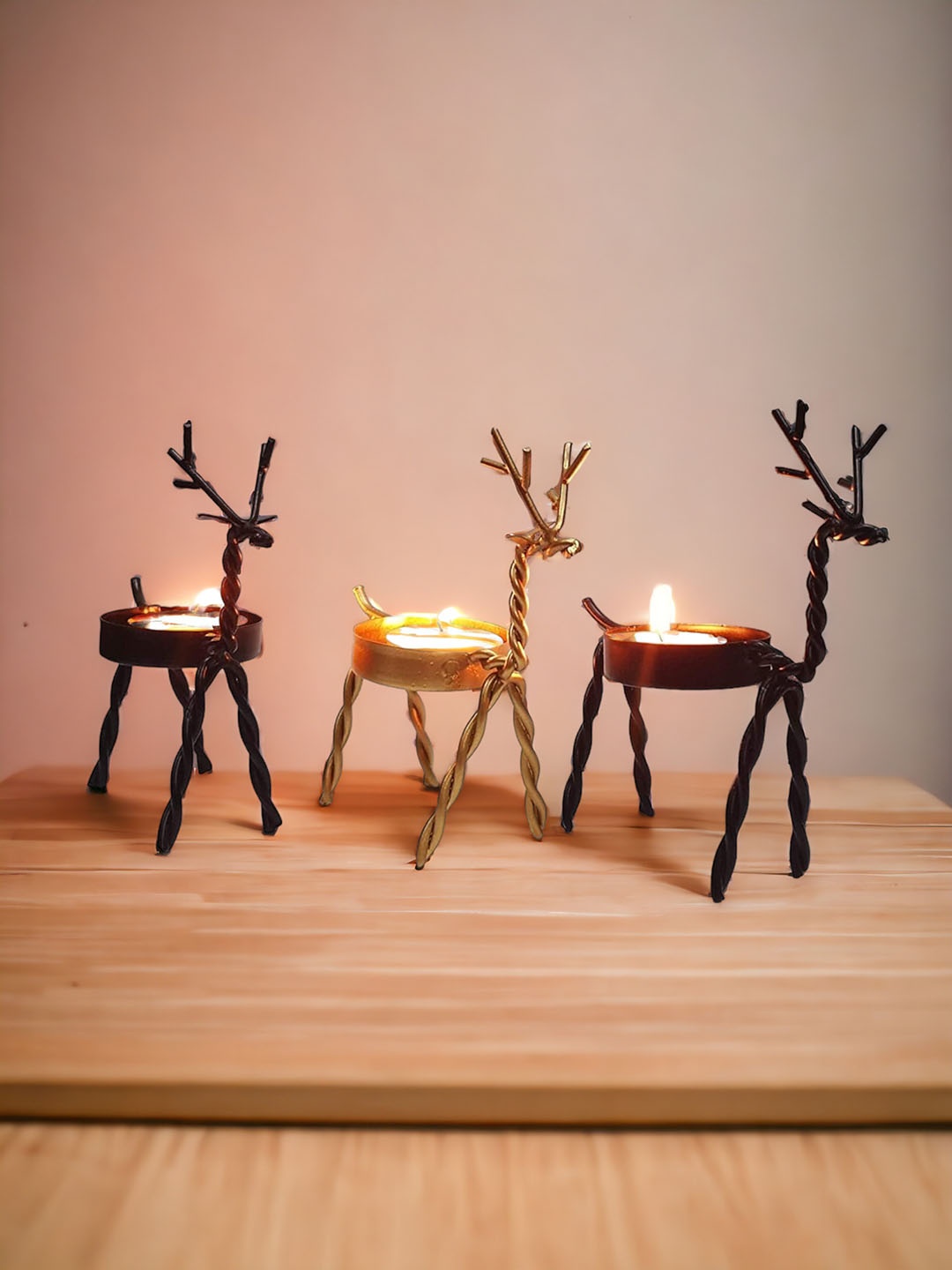 

The Artage Gunmetal-Toned & Black 3 Pieces Deer Tea Light Holder, Gold