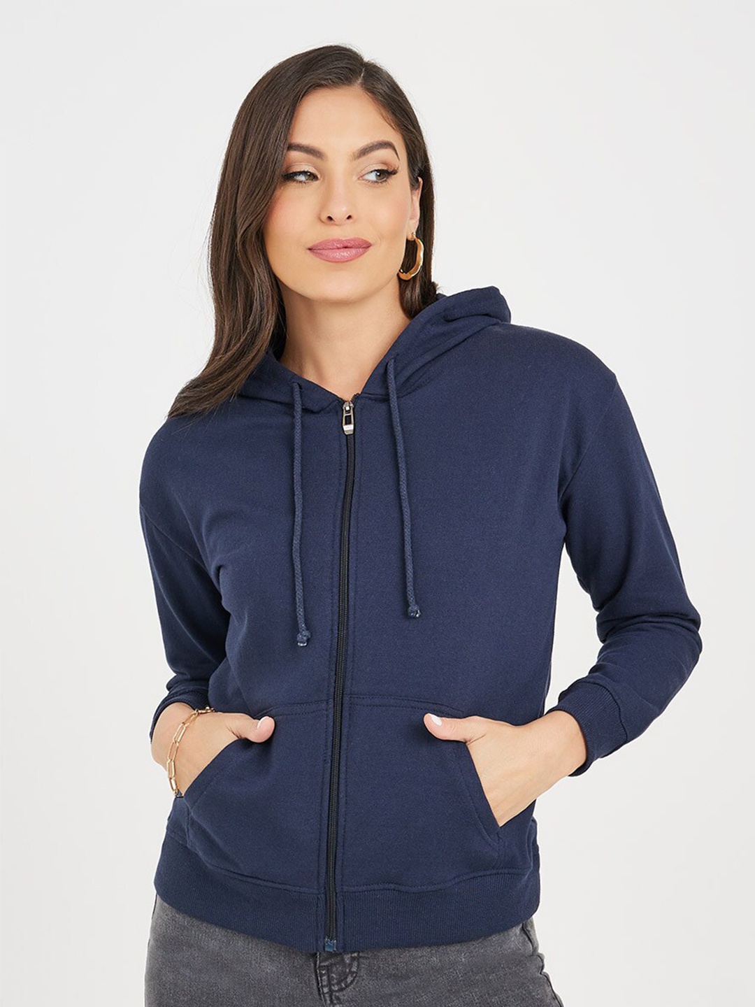 

Styli Hooded Neck Long Sleeve Regular Fit Cotton Front-Open Sweatshirt, Navy blue