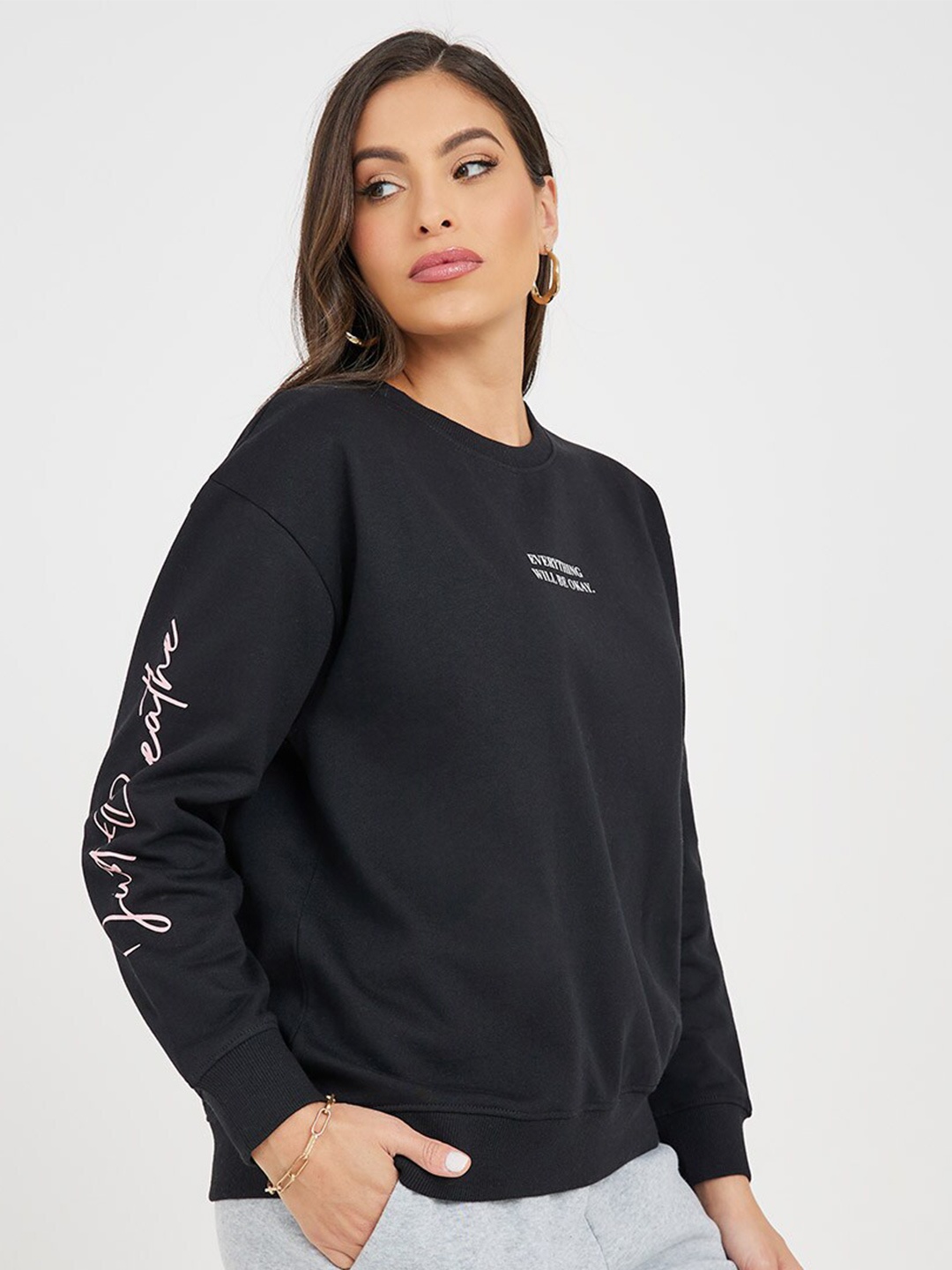 

Styli Typography Printed Drop Shoulder Long Sleeve Cotton Pullover Sweatshirt, Black
