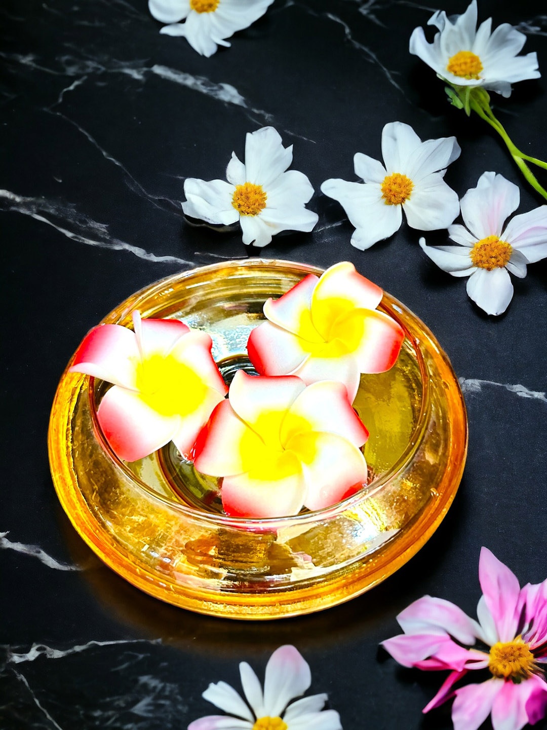 

BS AMOR Yellow & Red 4 Pieces Glass Urli Vase With Flowers