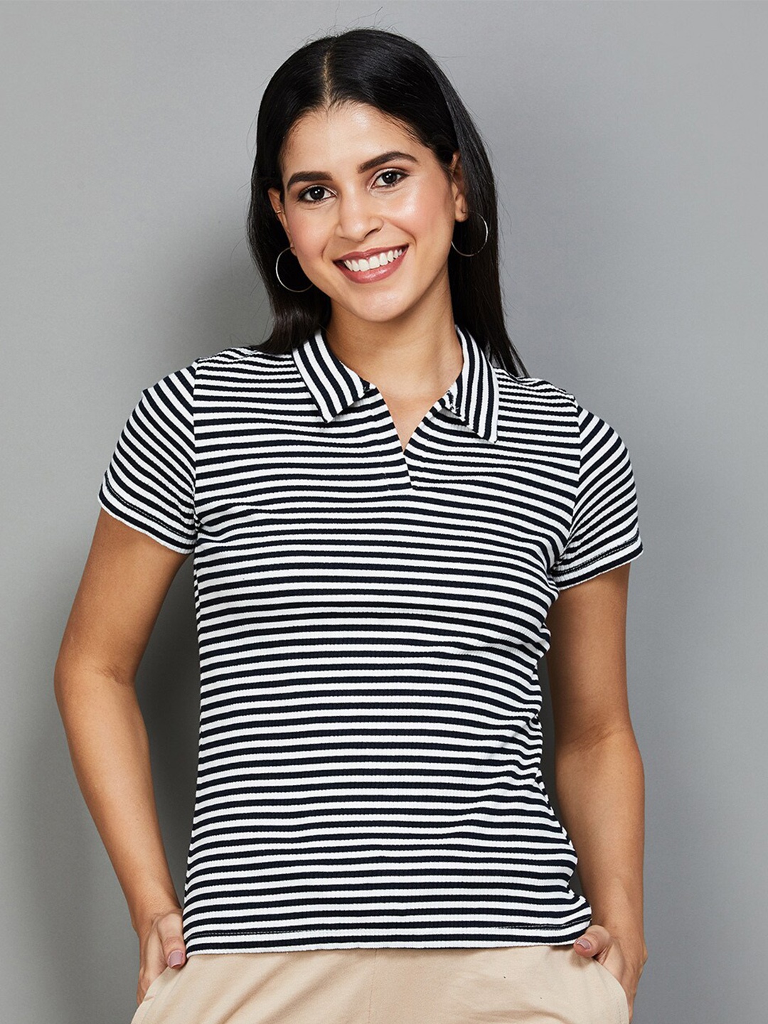 

Fame Forever by Lifestyle Striped Shirt Collar Top, Blue
