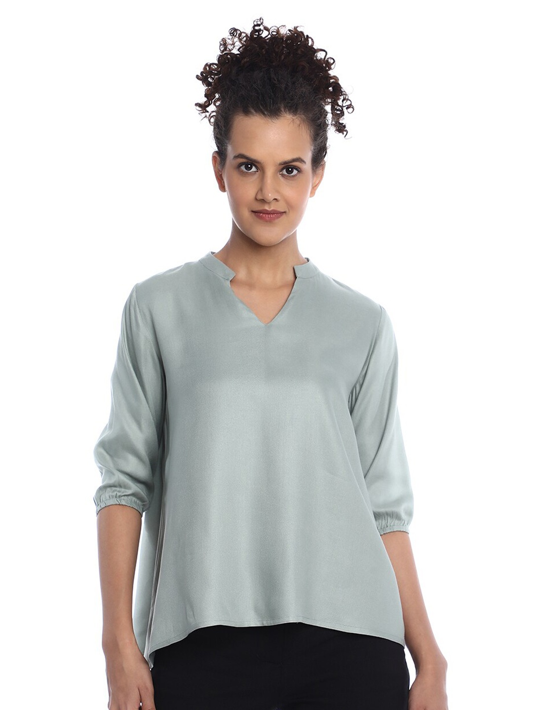 

Gazillion Mandarin Collar Puff Sleeve Top, Green