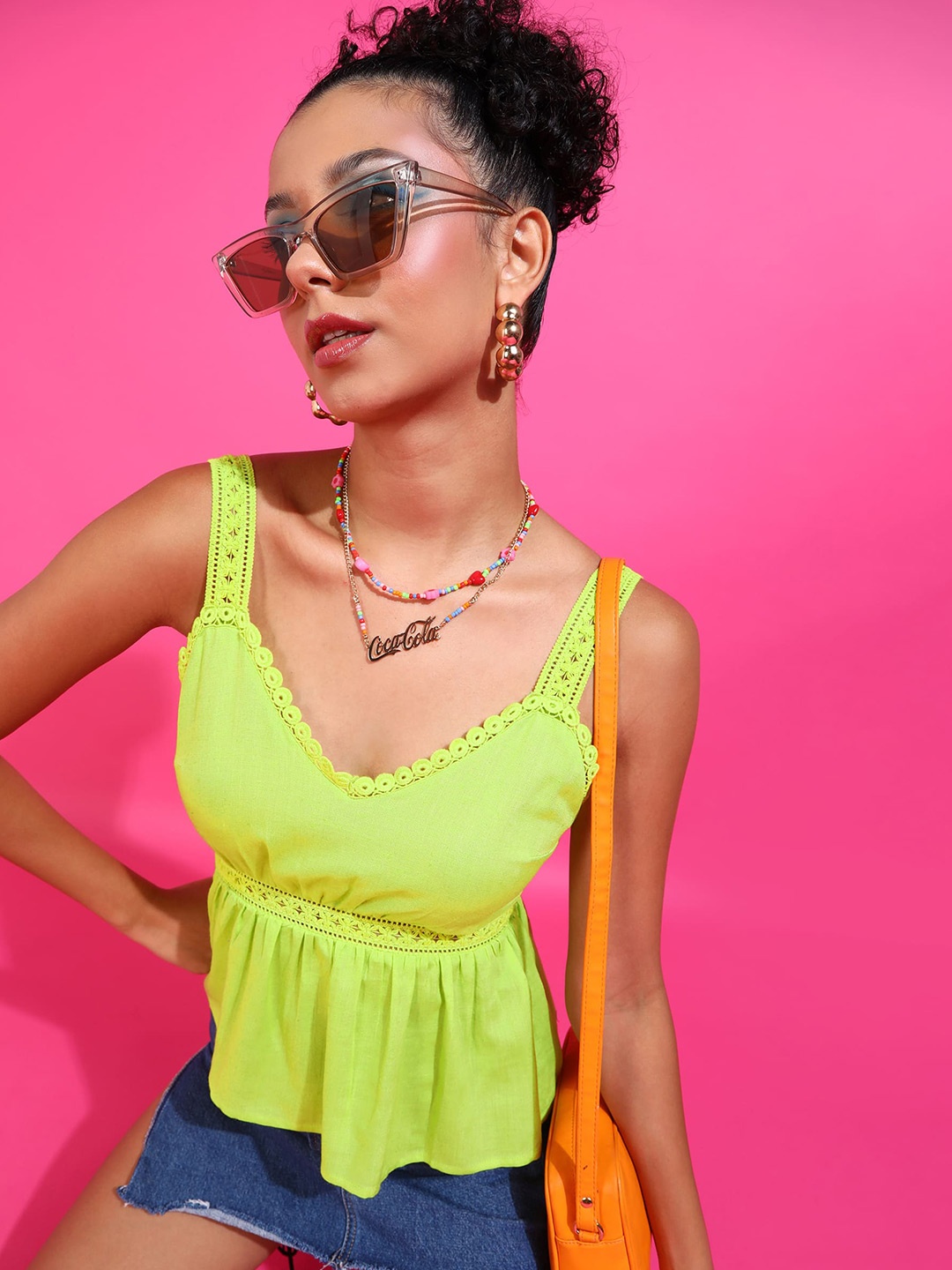 

PRETTY LOVING THING Shoulder Straps Sleeveless Empire Top, Green