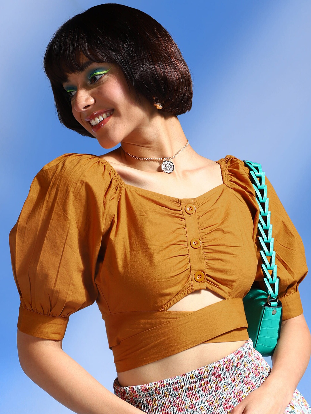 

PRETTY LOVING THING Sweetheart Neck Puff Sleeves Cotton Crop Top, Mustard