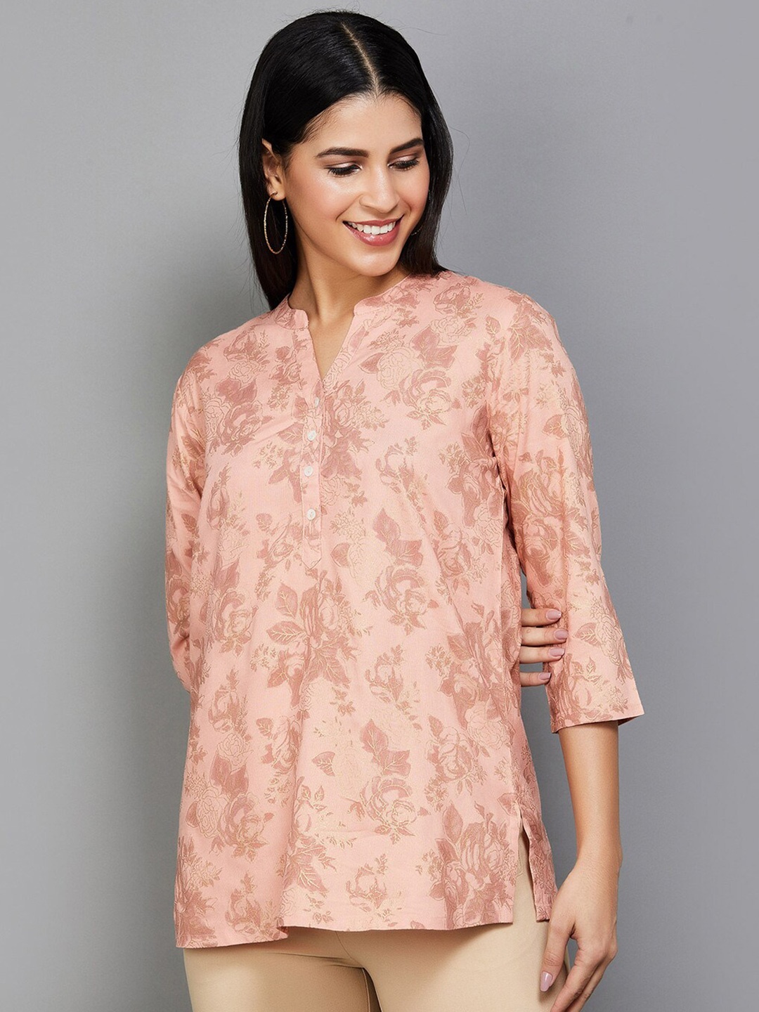 

Melange by Lifestyle Floral Printed Mandarin Collar Straight Kurti, Peach