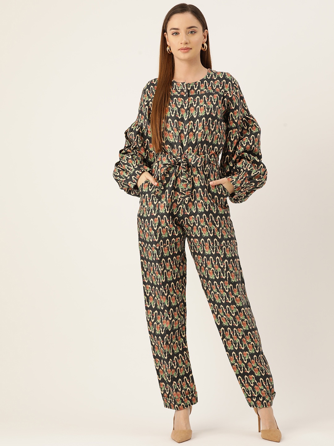 

Simaaya Linen Printed Basic Jumpsuit, Black