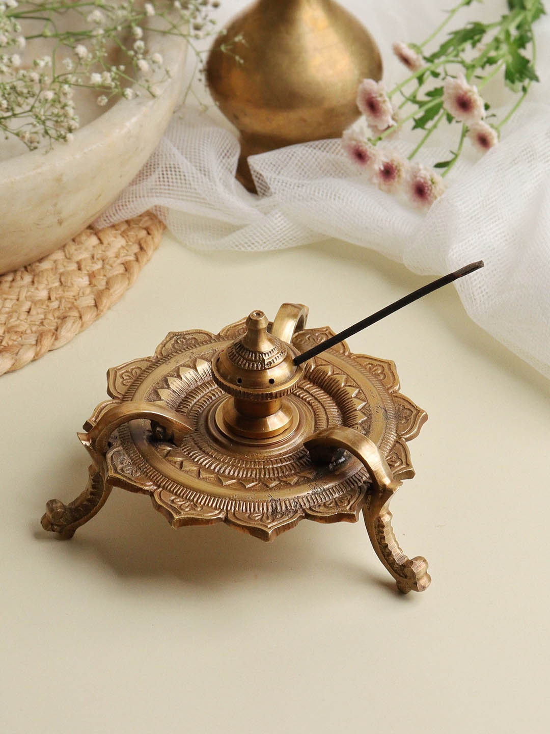 

Ritualistic Gold Toned Textured Brass Incense Holder