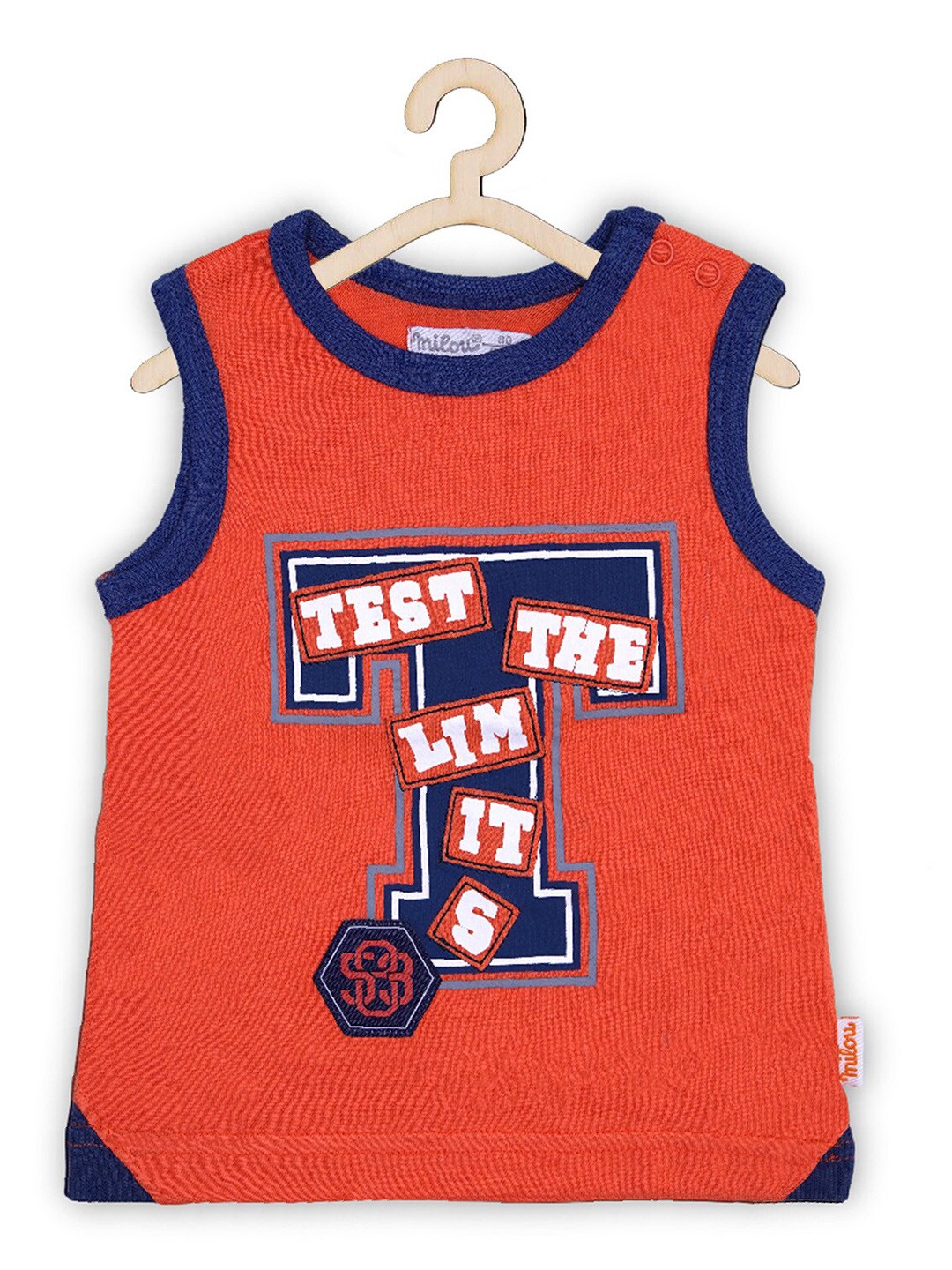 

milou Boys Typography Printed Sleeveless Cotton T-shirt, Orange