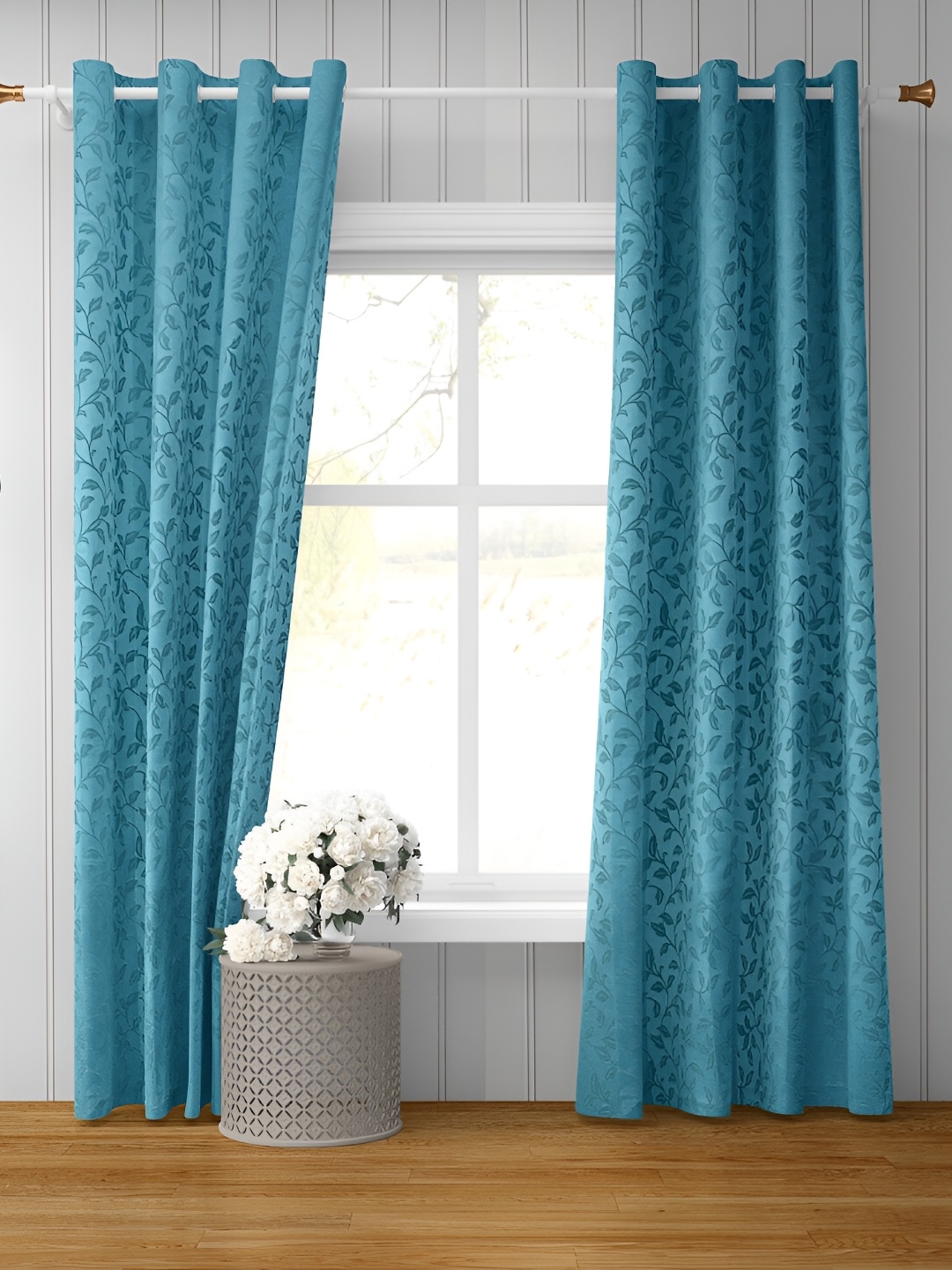 

LAFIONA Apex Grey & Teal Blue 2 Pieces Floral Room Darkening Door Curtain