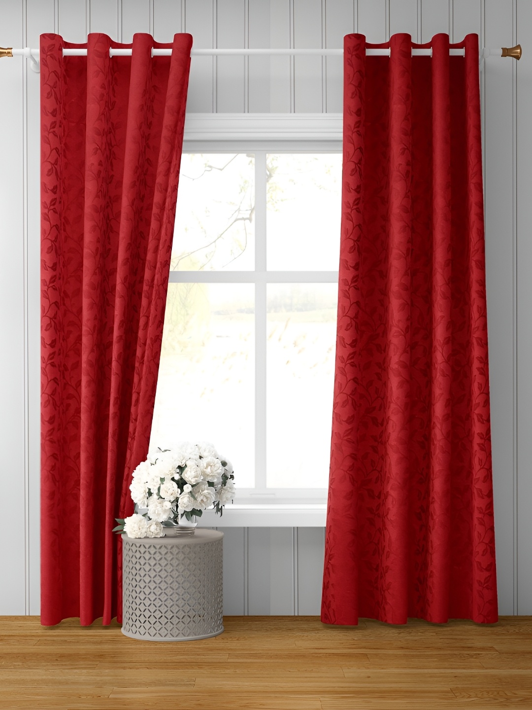

LAFIONA Apex Maroon & Red 2 Pieces Floral Room Darkening Door Curtain