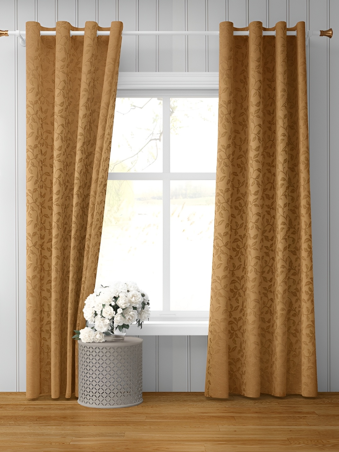 

LAFIONA Apex Gold Toned & Brown 2 Pieces Floral Room Darkening Door Curtain