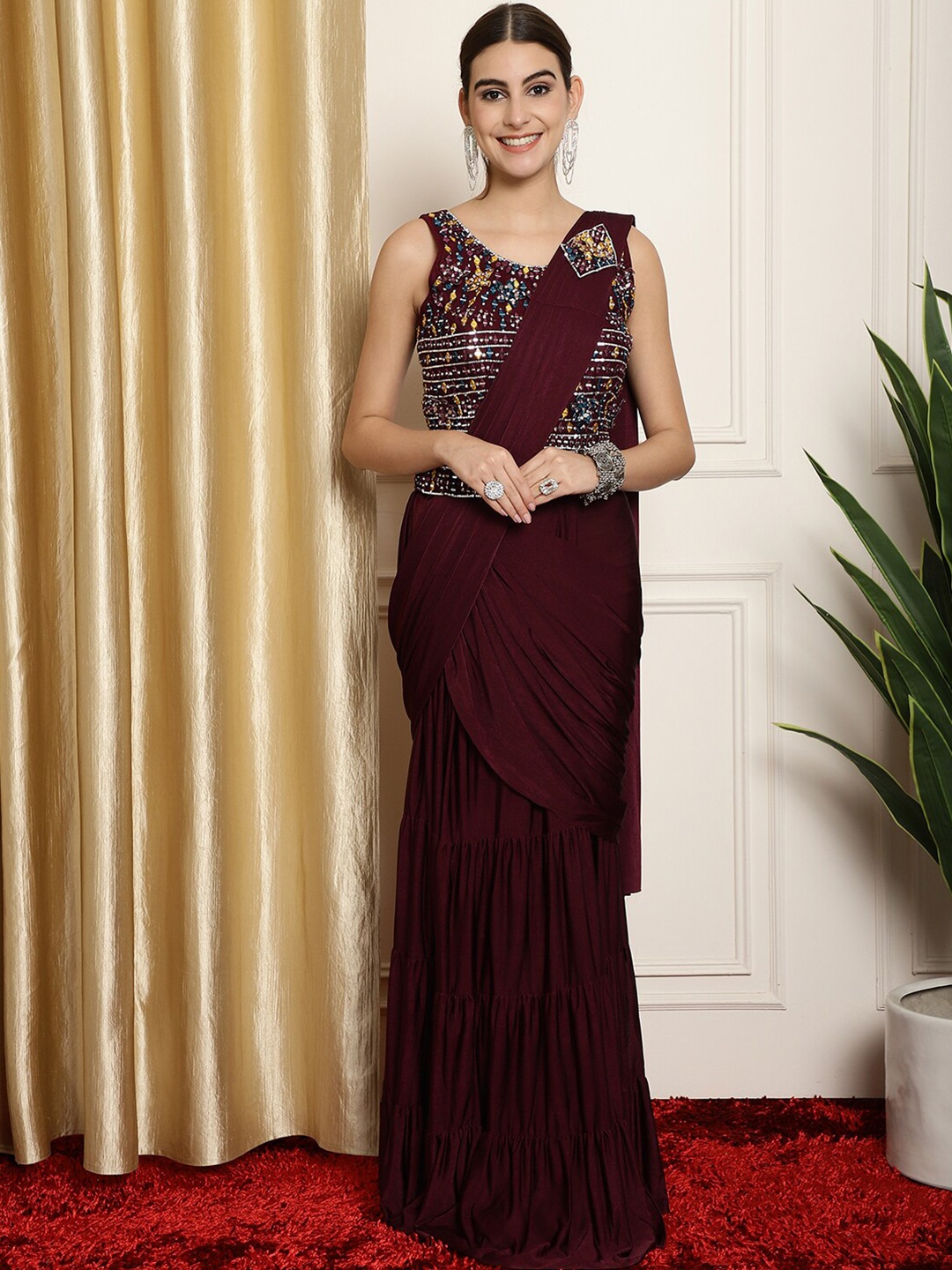 

Grancy Leheriya Embroidered Ready to Wear Leheriya Saree, Burgundy