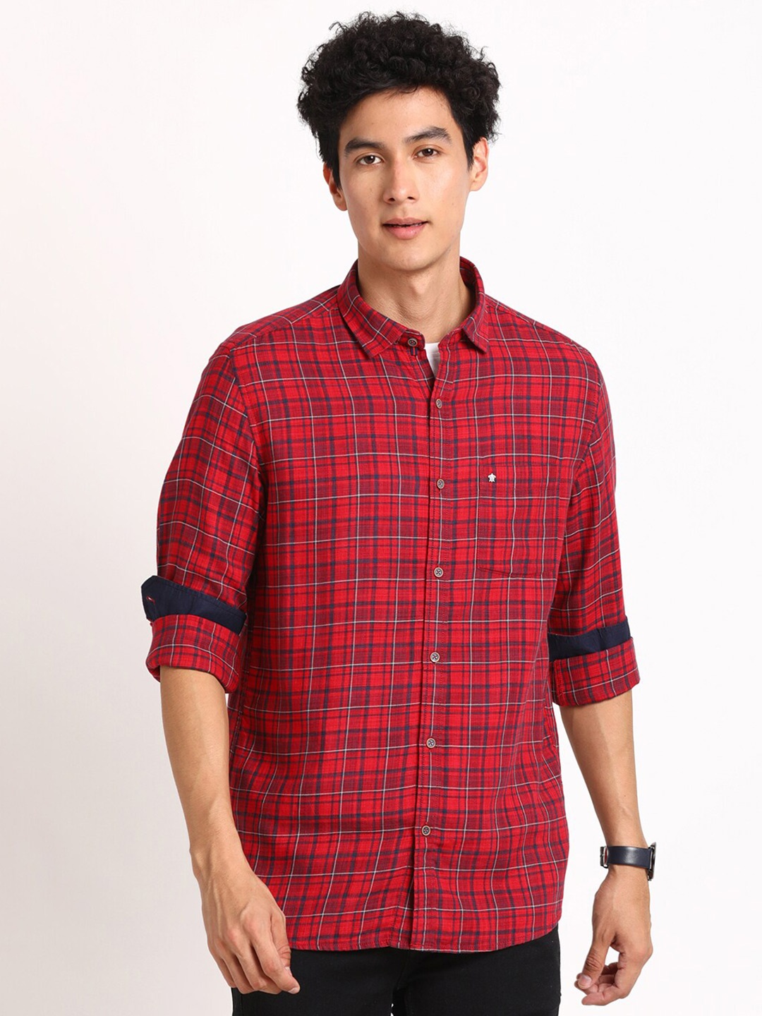 

Turtle Standard Slim Fit Tartan Checked Cotton Lyocell Casual Shirt, Maroon