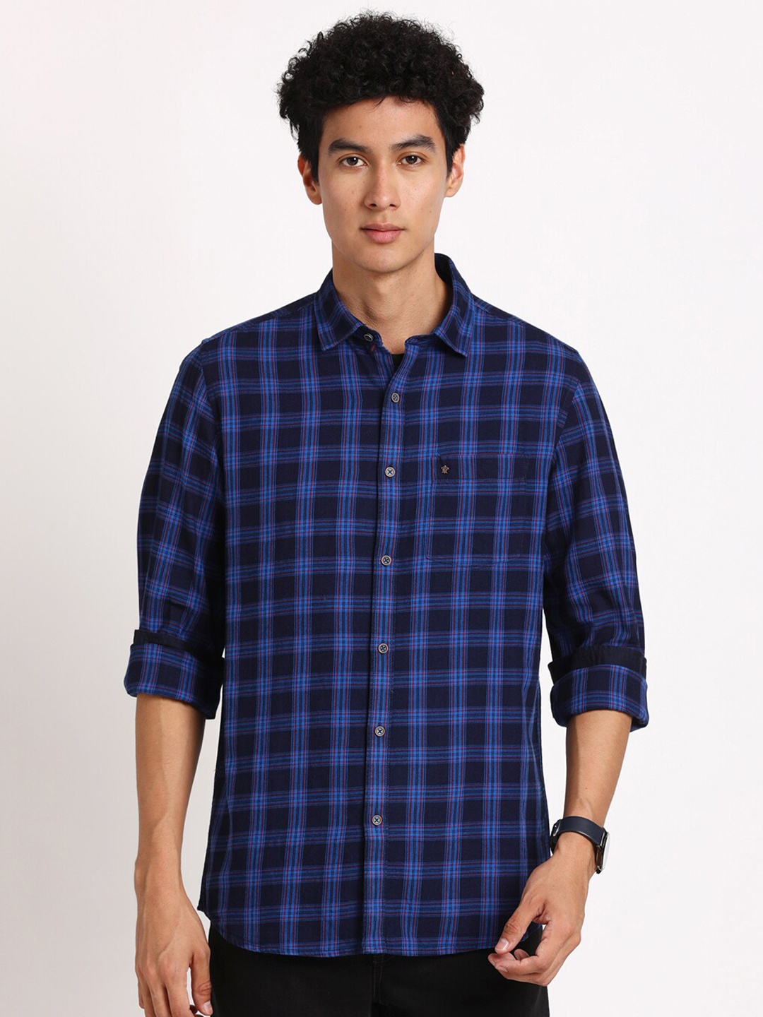 

Turtle Checked Standard Slim Fit Cotton Casual Shirt, Blue