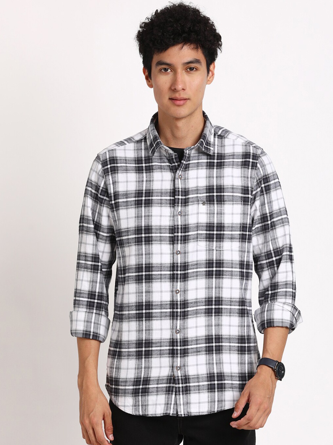 

Turtle Checked Standard Slim Fit Cotton Casual Shirt, Grey melange