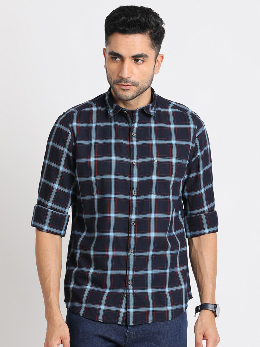 

Turtle Checked Standard Slim Fit Cotton Casual Shirt, Navy blue