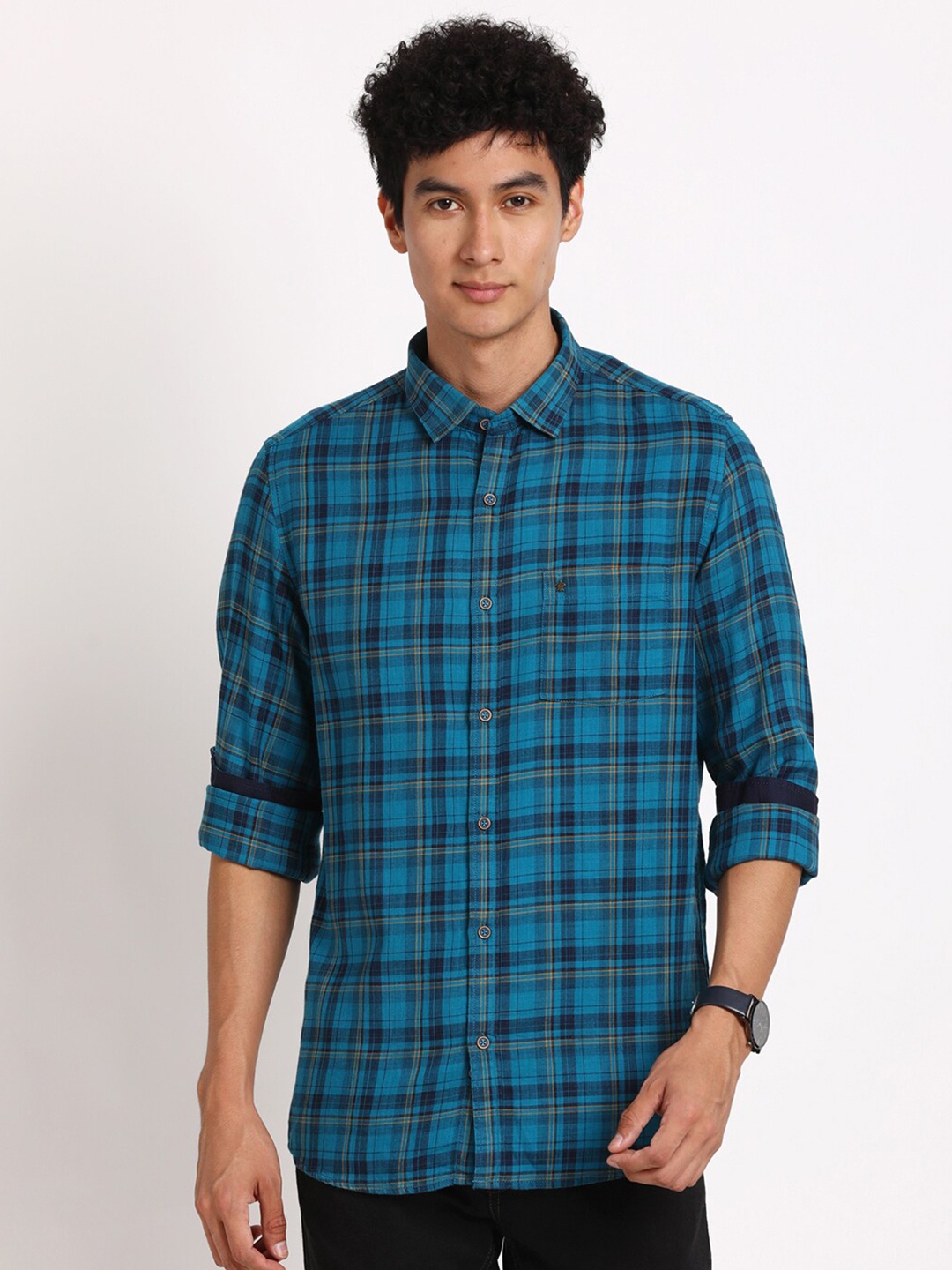 

Turtle Standard Slim Fit Tartan Checks Pure Cotton Casual Shirt, Blue