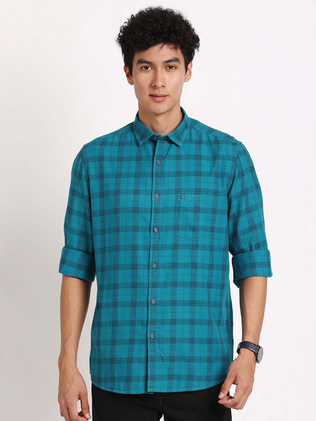 

Turtle Standard Slim Fit Tartan Checks Pure Cotton Casual Shirt, Blue