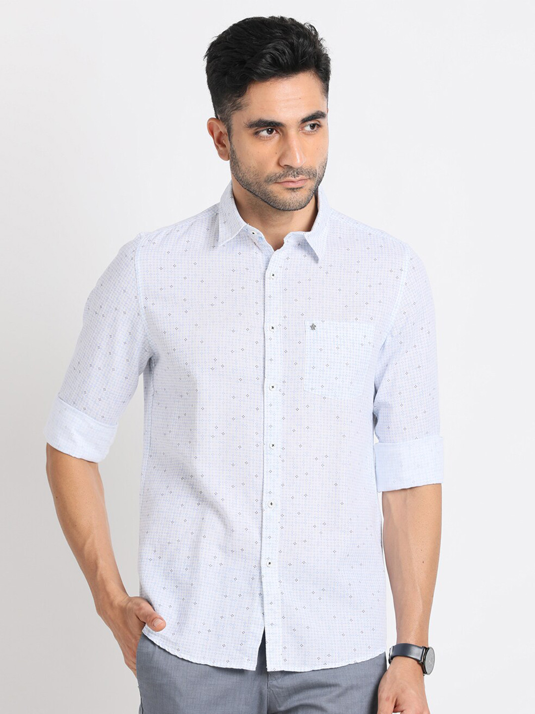 

Turtle Standard Slim Fit Micro Ditsy Printed Cotton Linen Casual Shirt, White