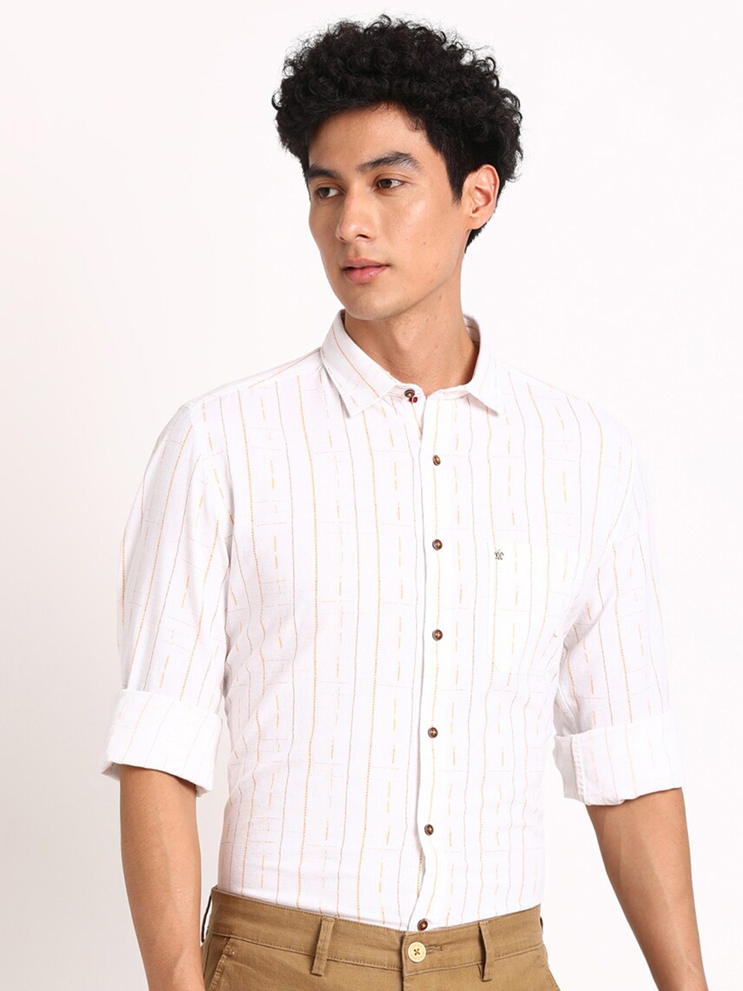 

Turtle Standard Slim Fit Striped Cotton Linen Formal Shirt, White