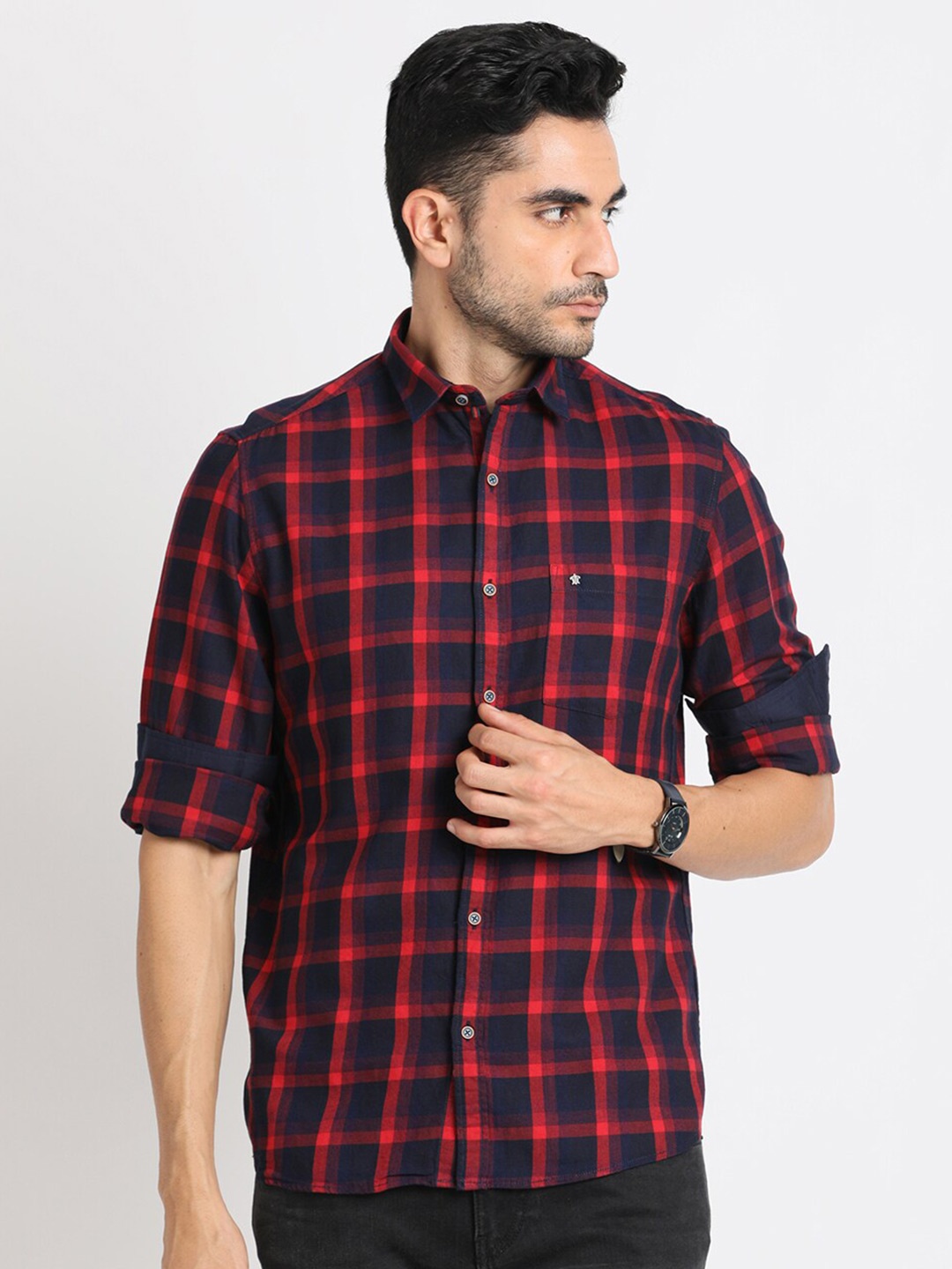 

Turtle Standard Slim Fit Tartan Checks Pure Cotton Casual Shirt, Navy blue