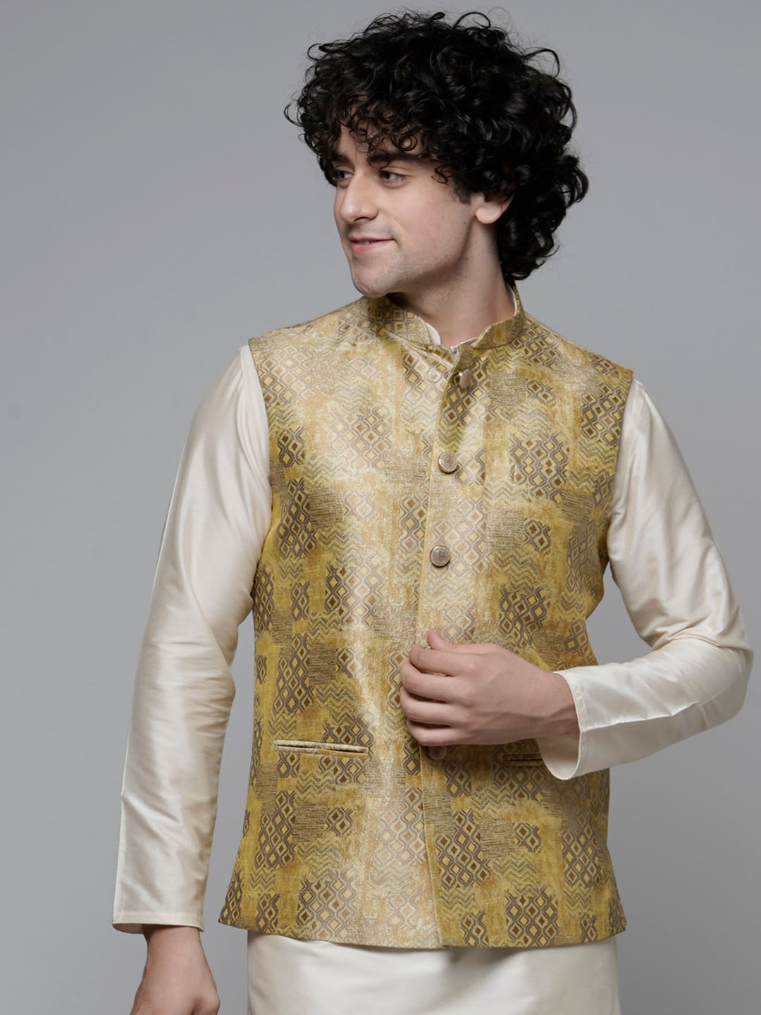 

MAAHI FABS Abstract Printed Woven Nehru Jacket, Beige