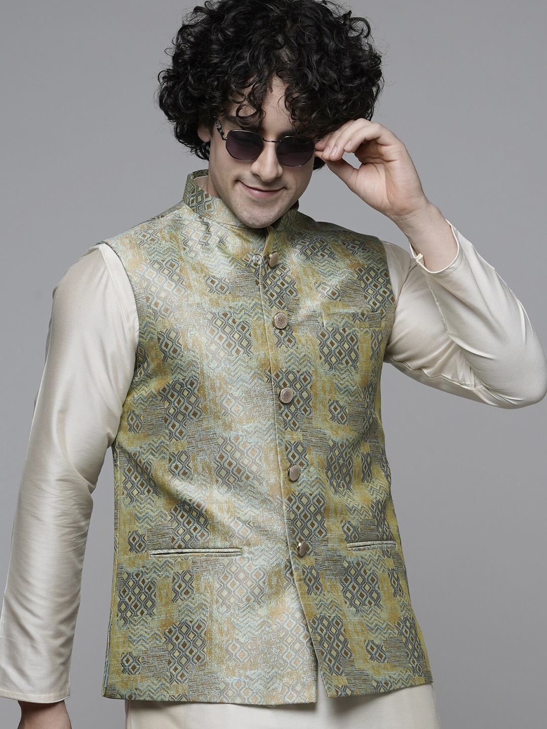 

MAAHI FABS Abstract Printed Woven Nehru Jacket, Green