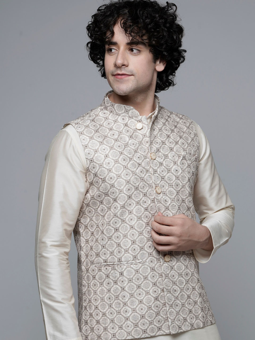 

MAAHI FABS Abstract Printed Woven Nehru Jacket, Grey