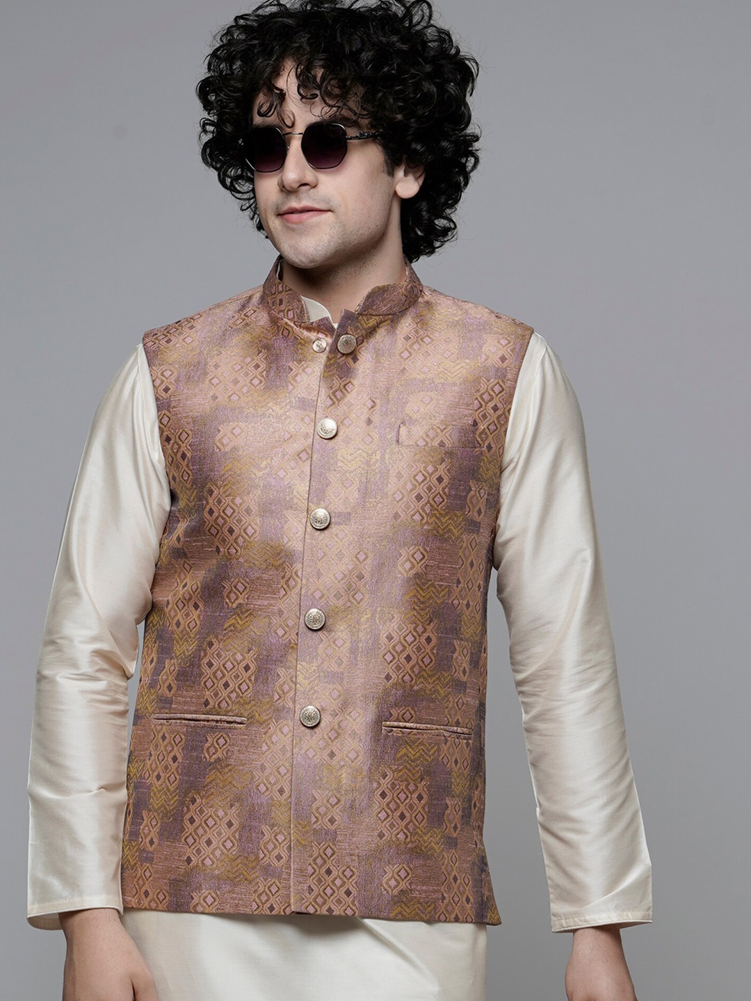 

MAAHI FABS Geometric Printed Woven Nehru Jacket, Pink