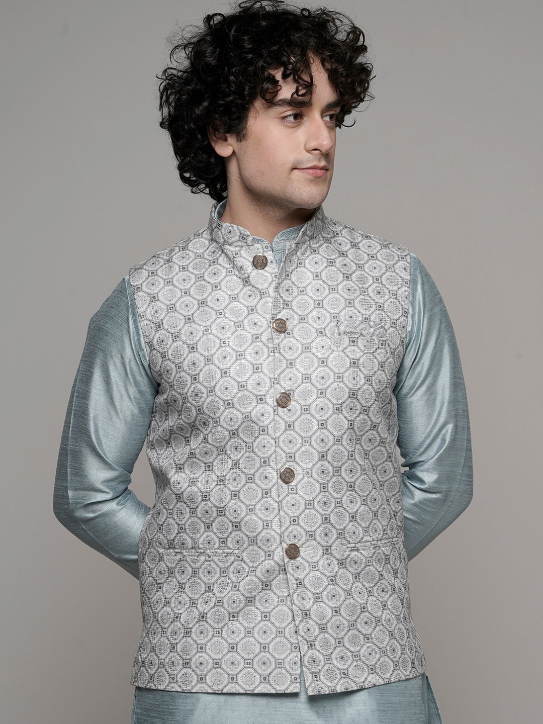 

MAAHI FABS Abstract Printed Sequin-Detailed Woven Nehru Jacket, Grey
