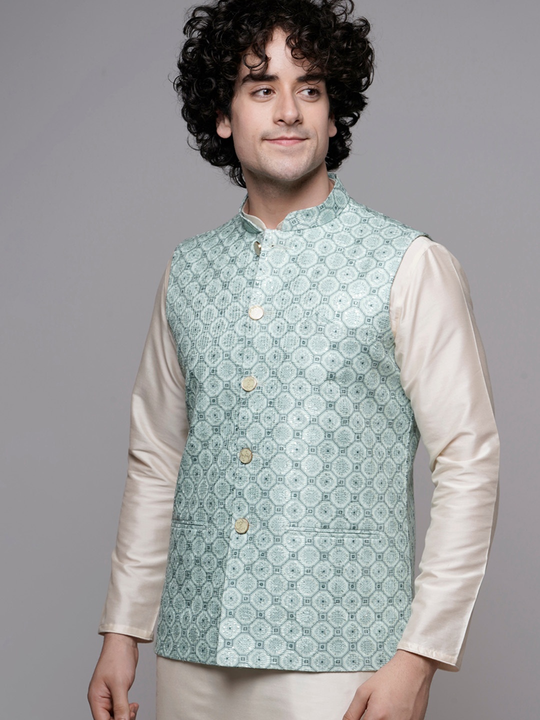 

MAAHI FABS Abstract Printed Sequin-Detailed Woven Nehru Jacket, Green