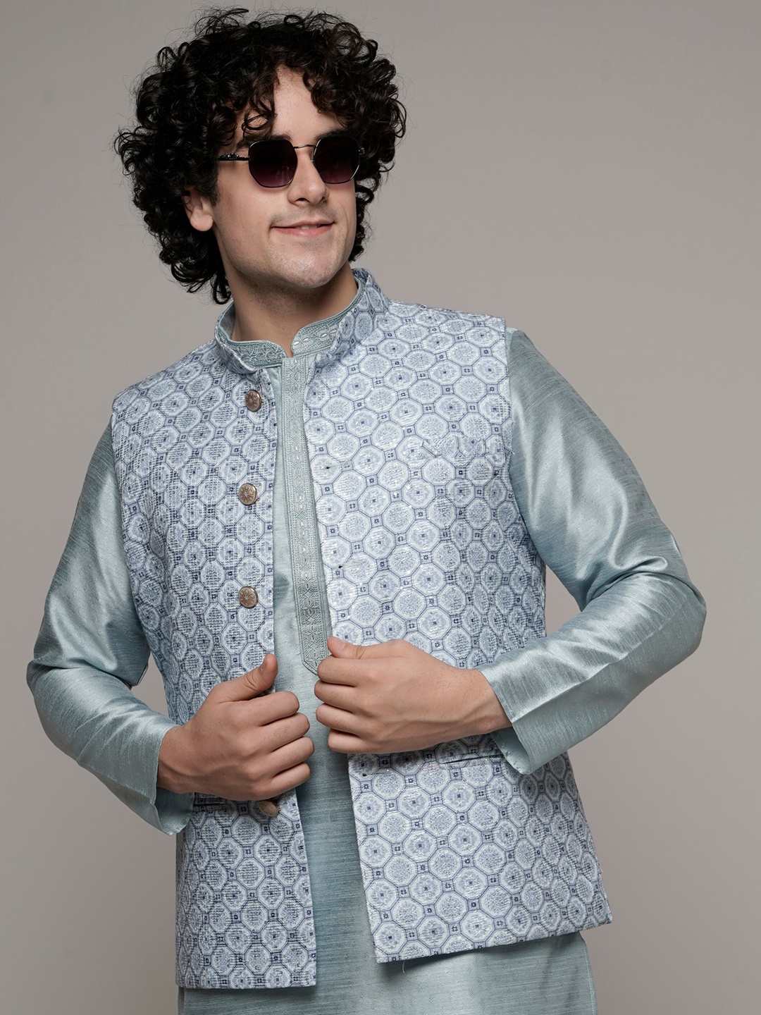 

MAAHI FABS Abstract Printed Sequin-Detailed Woven Nehru Jacket, Blue