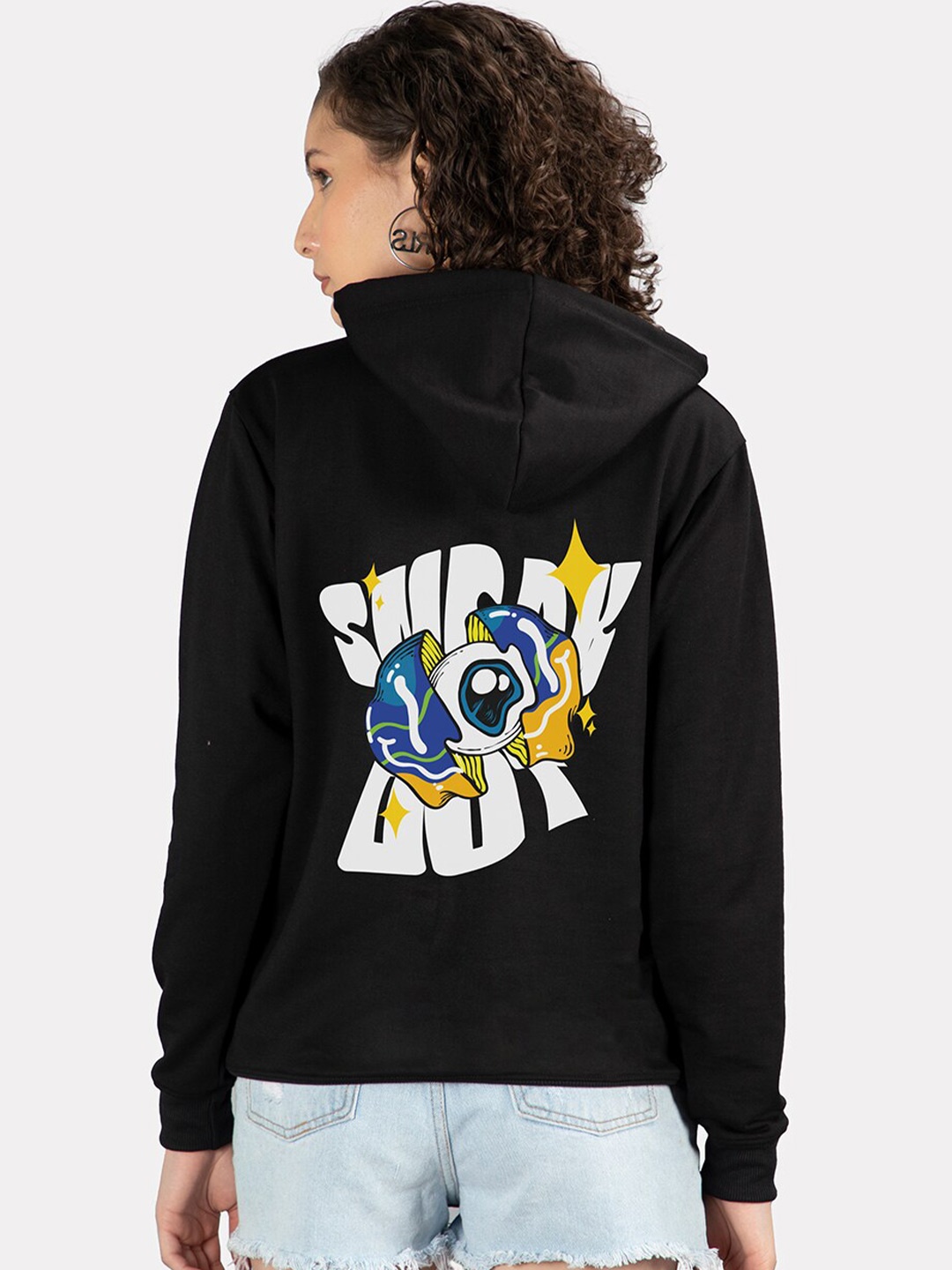 

Mad Over Print Typography Printed Hooded Fleece Pullover Sweatshirt, Black