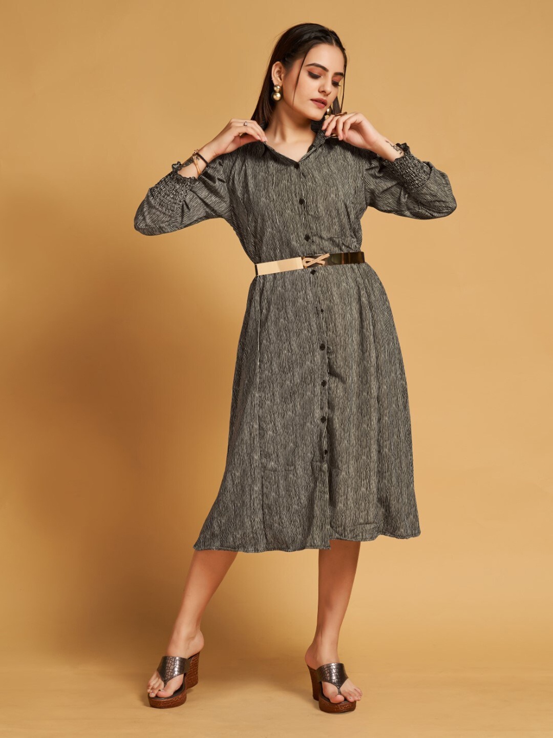 

HOUSE OF MIRA Striped Smocked Shirt Style Dress, Brown