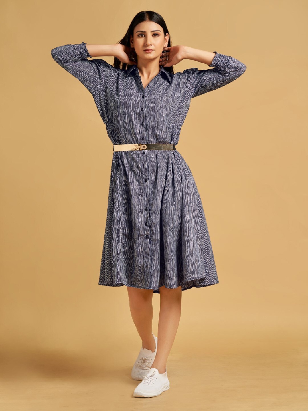 

HOUSE OF MIRA Striped Smocked Shirt Style Dress, Navy blue
