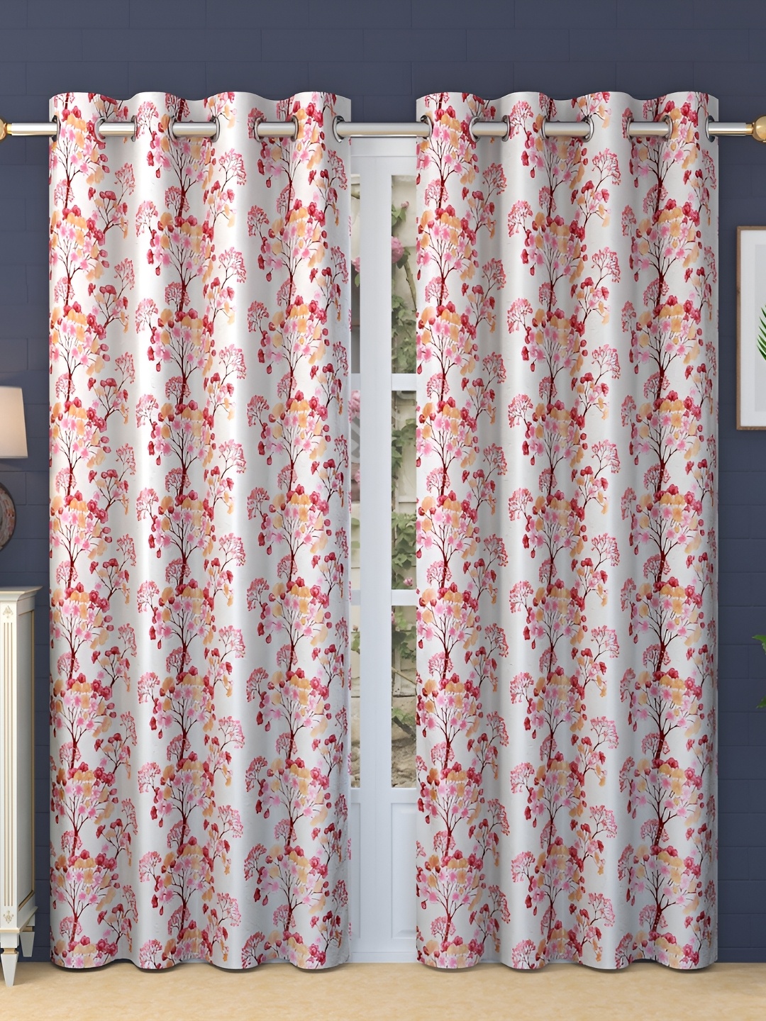 

Ville Style Maroon & White 2Pcs Floral Room Darkening Door Curtains