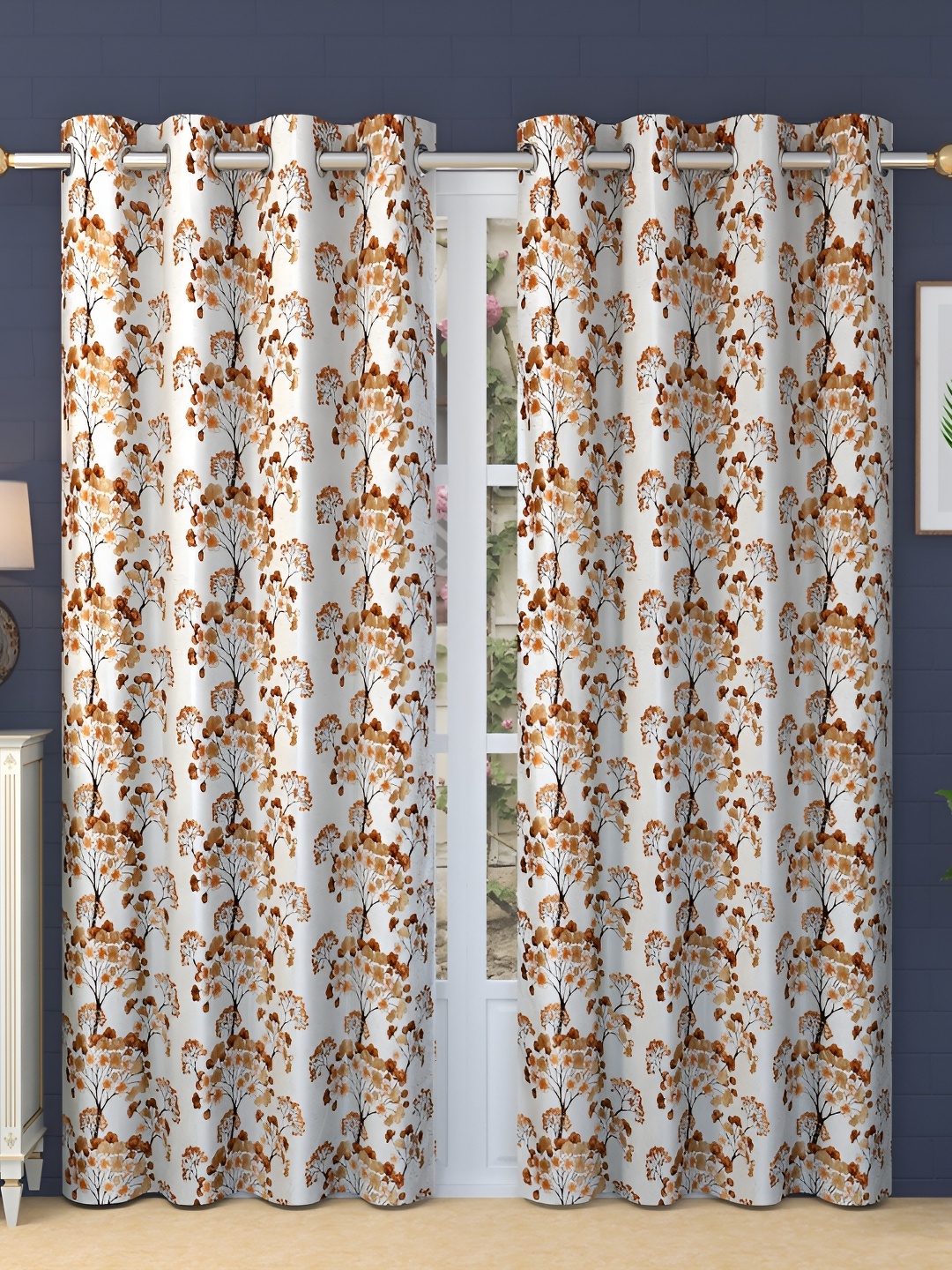 

Ville Style Brown & White 2Pcs Floral Room Darkening Door Curtains
