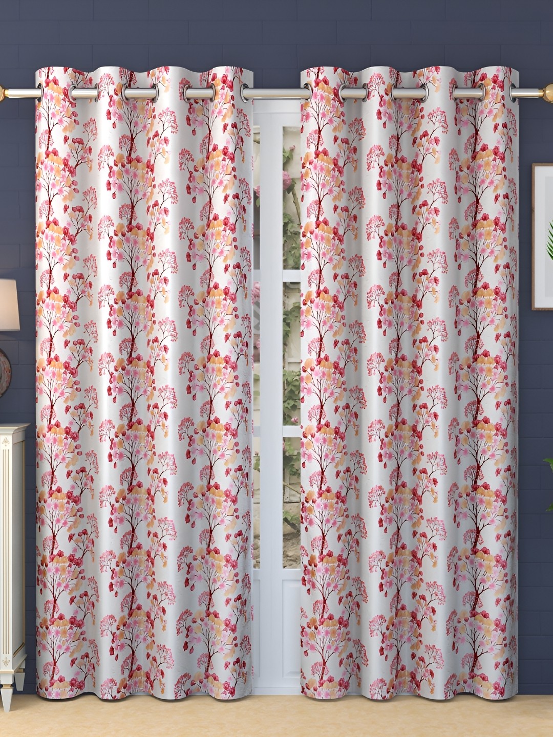 

Ville Style Maroon & White 2 Pcs Floral Room Darkening Long Door Curtains