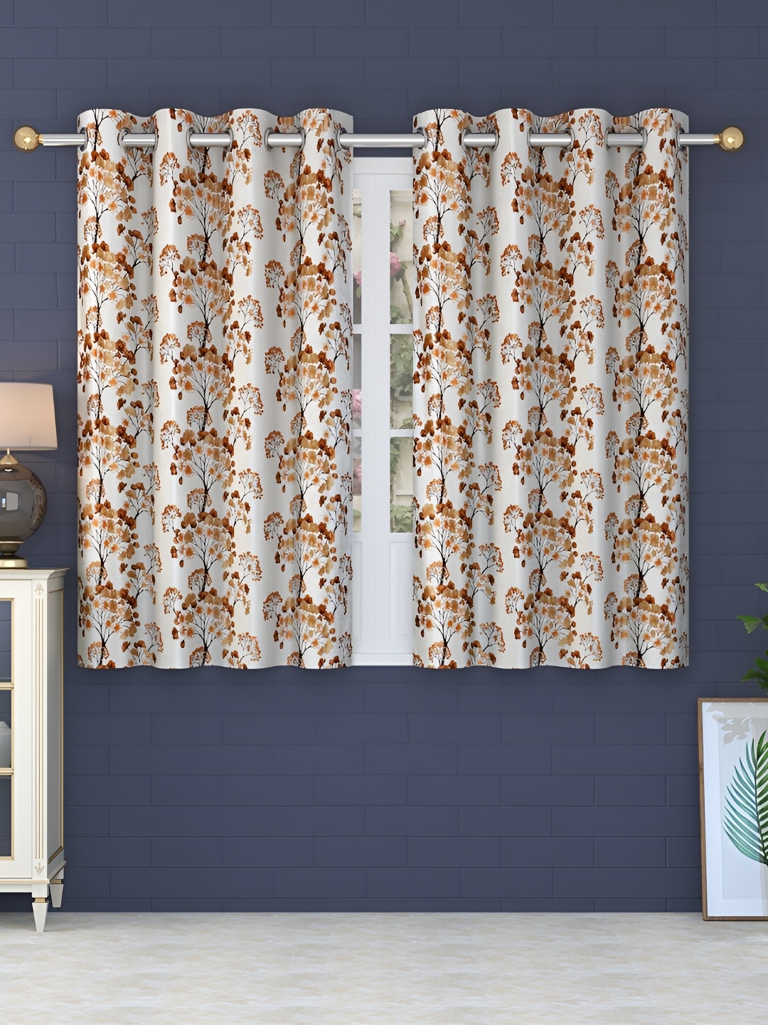 

Ville Style Brown & White 2 Pcs Floral Room Darkening Window Curtains