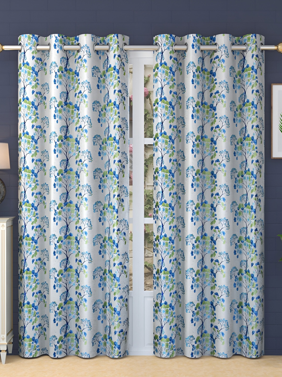 

Ville Style Blue & White 2Pcs Floral Room Darkening Long Door Curtains