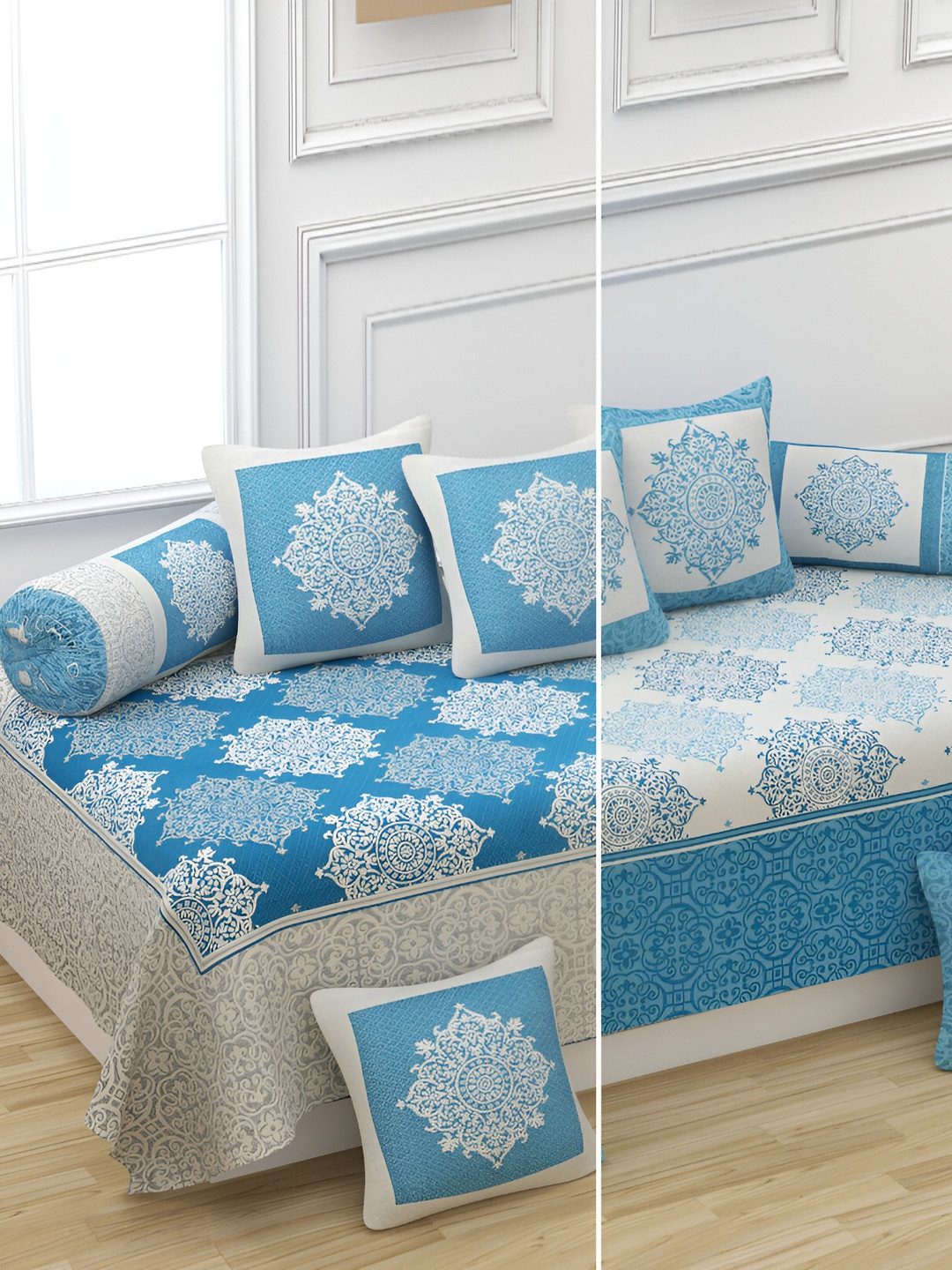 

Kritarth Handicrafts Blue & White 8 Pcs Ethnic Motifs Printed Pure Cotton Diwan Set