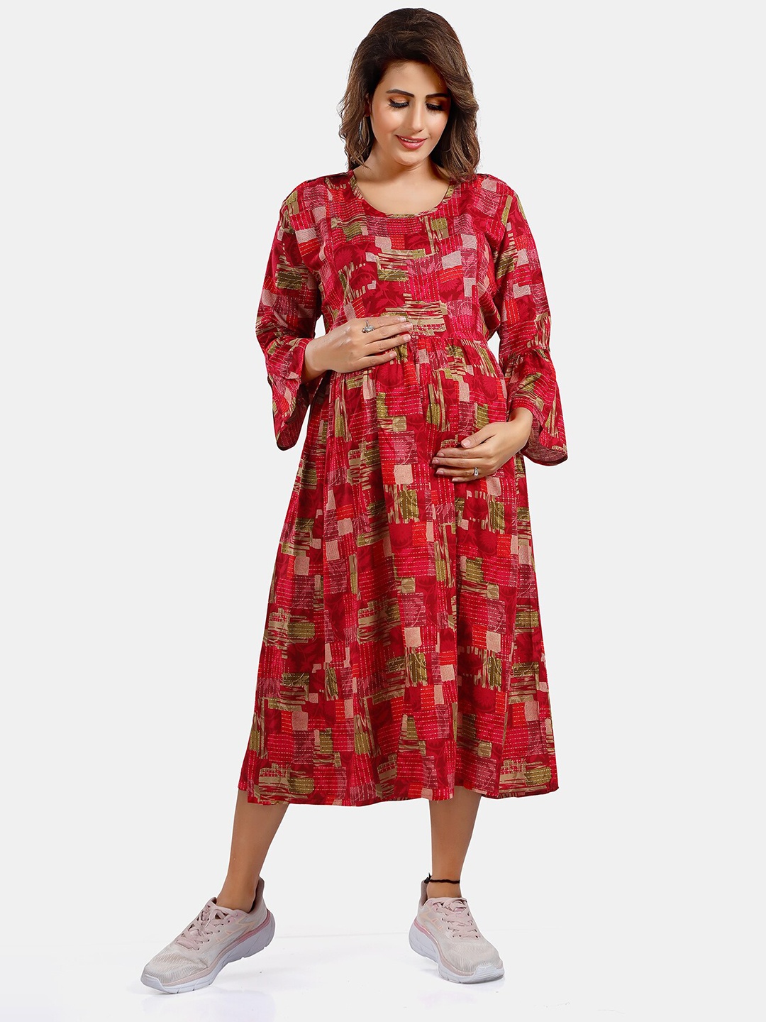 

Be You Abstract Printed Bell Sleeves Maternity Fit and Flare Dress, Pink