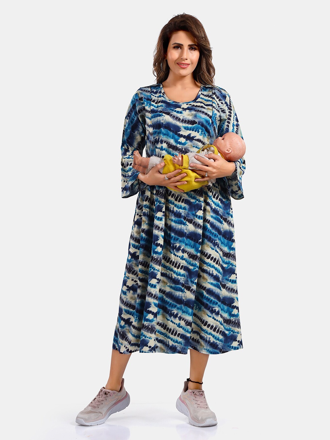 

Be You Tie and Dye Printed Round Neck Bell Sleeves Maternity Fit & Flare Midi Dress, Blue