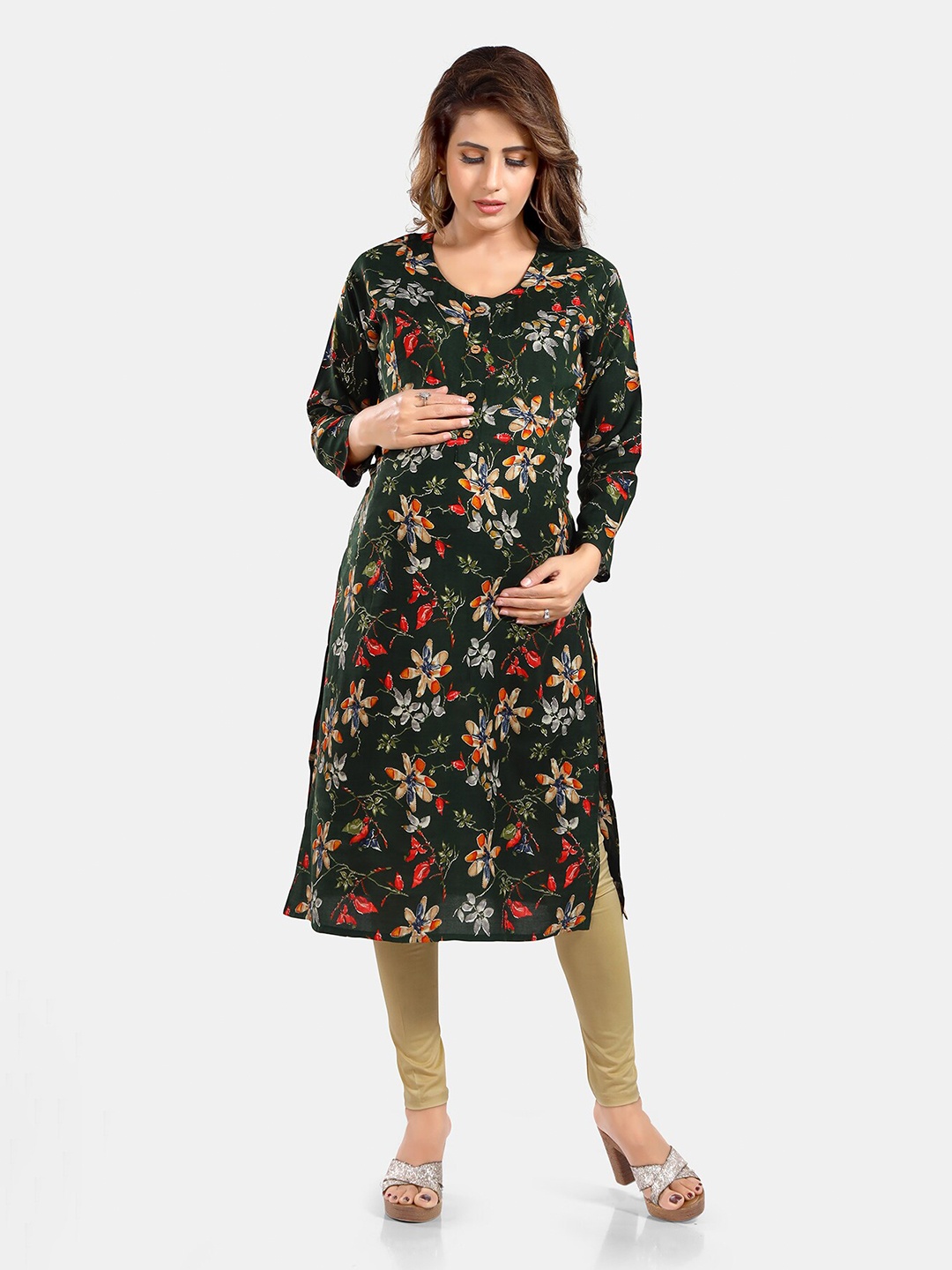 

Be You Floral Printed Round Neck Maternity Straight Kurta, Green