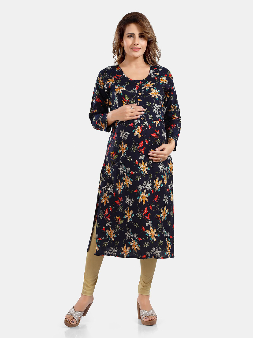 

Be You Floral Printed Maternity Straight Kurta, Navy blue
